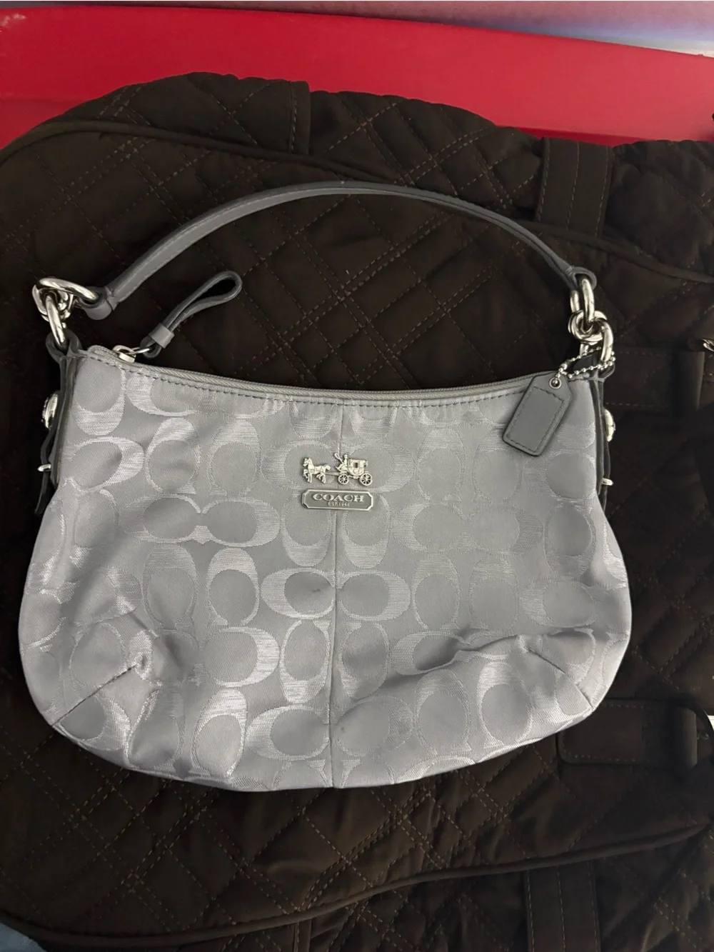 Coach Silver Signature Jacquard Hobo Shoulder Bag